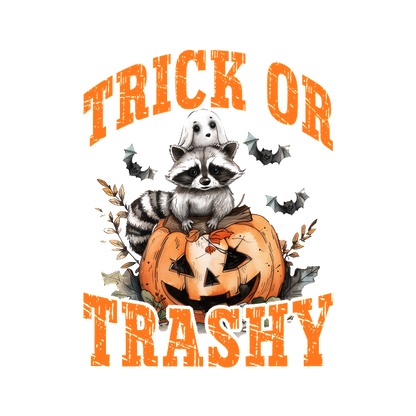 A whimsical Halloween design featuring a raccoon and a ghost atop a carved pumpkin with the playful phrase "Trick or Trashy." dtf transfers