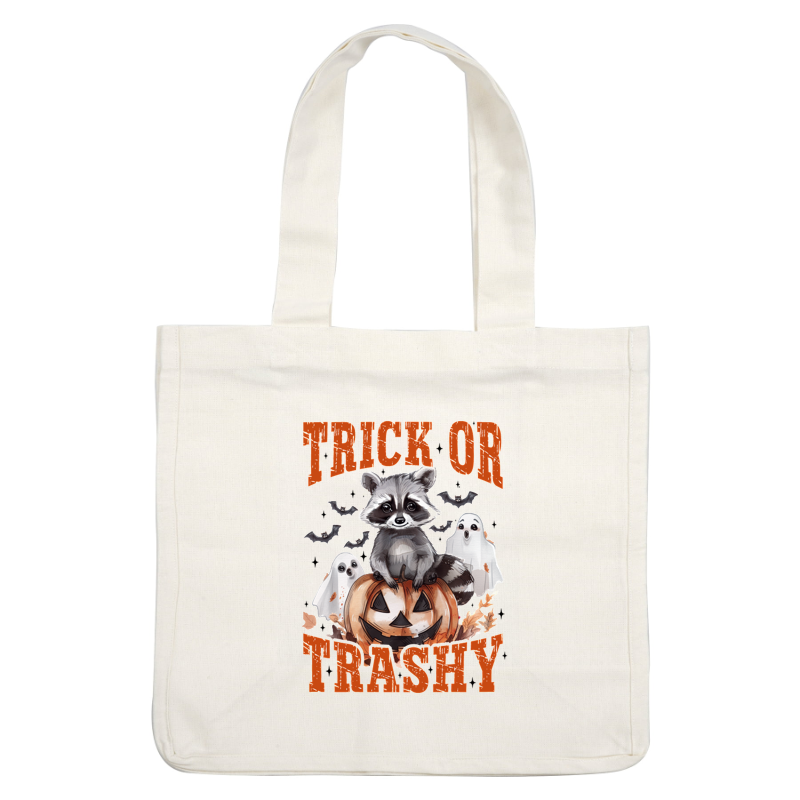 A playful Halloween graphic featuring a raccoon sitting on a pumpkin, surrounded by ghostly figures and the phrase "Trick or Trashy." heat press transfers