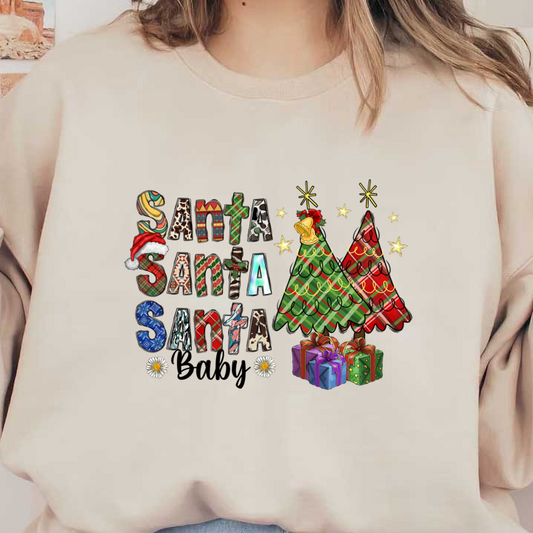 Celebrate the joy of Christmas with colorful "Santa" lettering, festive trees, and vibrant gift boxes adorned with bows!DTF Transfers dtf transfers