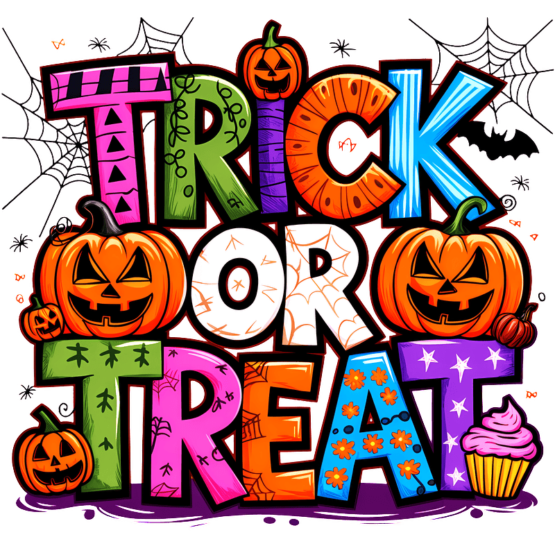Colorful "Trick or Treat" Halloween graphic featuring pumpkins and festive elements.DTF Transfers