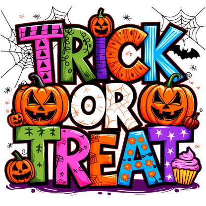 Colorful "Trick or Treat" Halloween graphic featuring pumpkins and festive elements.DTF Transfers