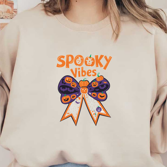 ¡Un colorido lazo de Halloween con divertidas calabazas, murciélagos y el texto "Spooky Vibes", perfecto para decoraciones festivas!