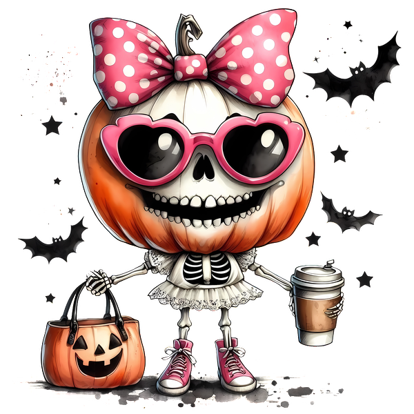 Un personaje caprichoso con cabeza de calabaza, cuerpo de esqueleto, lazo rosa y gafas de sol, sosteniendo un café y una bolsa de mano.