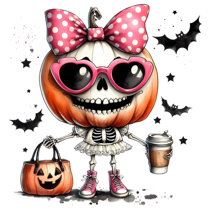 Un personaje caprichoso con cabeza de calabaza, cuerpo de esqueleto, lazo rosa y gafas de sol, sosteniendo un café y una bolsa de mano.