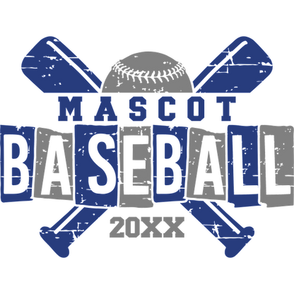 A fun and sporty logo featuring crossed baseball bats, a baseball, and the words "Mascot Baseball" with a placeholder for the year.DTF Transfers dtf prints