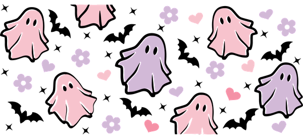 A whimsical pattern featuring cute pastel ghosts, hearts, and flowers on a dark background, perfect for Halloween decor.UV Transfersdtf regular iron