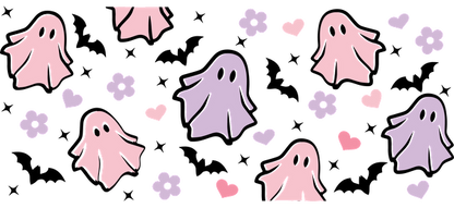 A whimsical pattern featuring cute pastel ghosts, hearts, and flowers on a dark background, perfect for Halloween decor.UV Transfersdtf regular iron