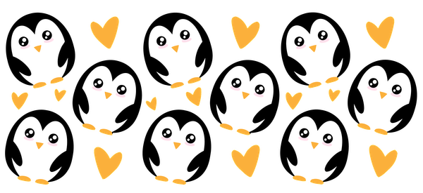 A playful pattern featuring adorable penguins and cheerful yellow hearts on a black background. Perfect for a cute winter theme!UV Transfersdtf regular iron