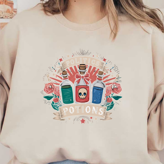 Una ilustración caprichosa que presenta tres frascos de pociones etiquetados como "Pociones políticas", rodeados de flores y elementos de diseño vibrantes.