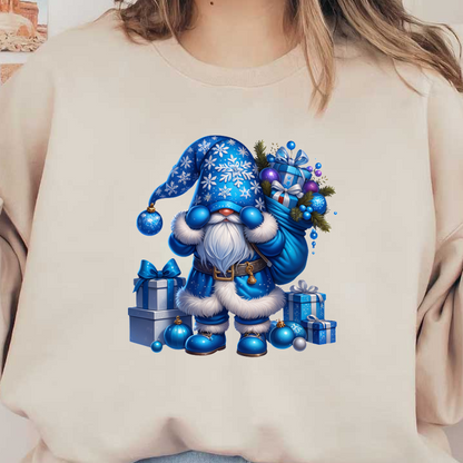 A cheerful blue-clad gnome with snowflake patterns holds gifts, surrounded by decorated presents, spreading festive cheer.DTF Transfers heat press transfers