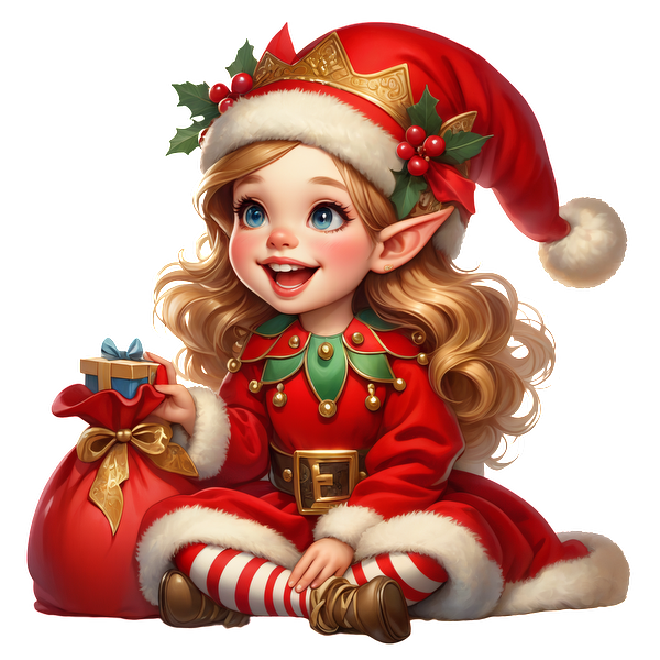 A cheerful elf girl in a vibrant red and green outfit, holding a gift and sitting by a festive bag.DTF Transfers dtf transfers