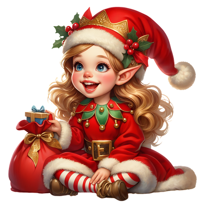 A cheerful elf girl in a vibrant red and green outfit, holding a gift and sitting by a festive bag.DTF Transfers dtf transfers