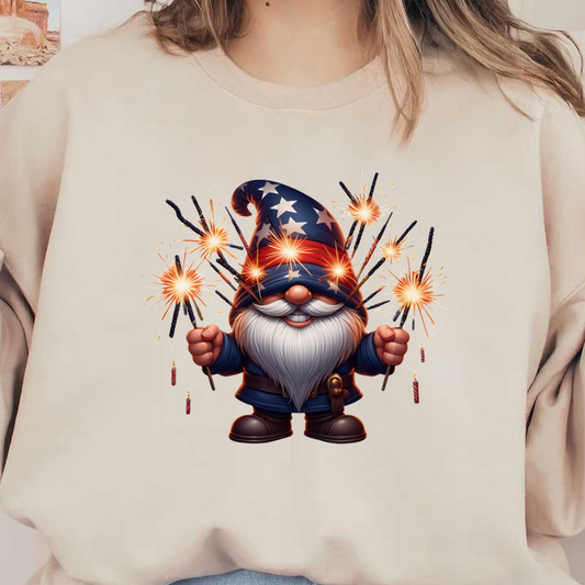 A cheerful gnome in a starry, patriotic hat holds sparklers, embodying festive fun and celebration. dtf prints