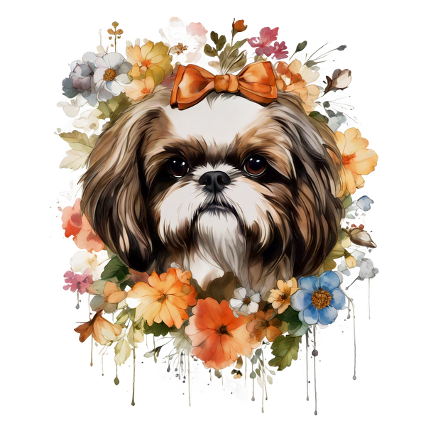 Una encantadora ilustración de un Shih Tzu adornado con un lazo naranja, rodeado de flores vibrantes y coloridas.