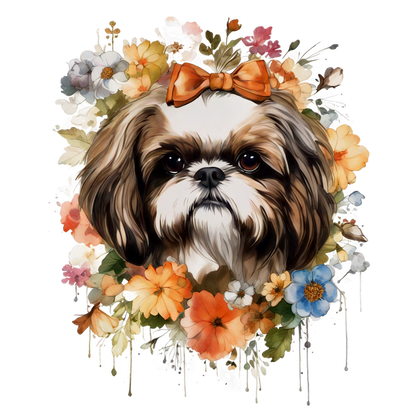 Una encantadora ilustración de un Shih Tzu adornado con un lazo naranja, rodeado de flores vibrantes y coloridas.