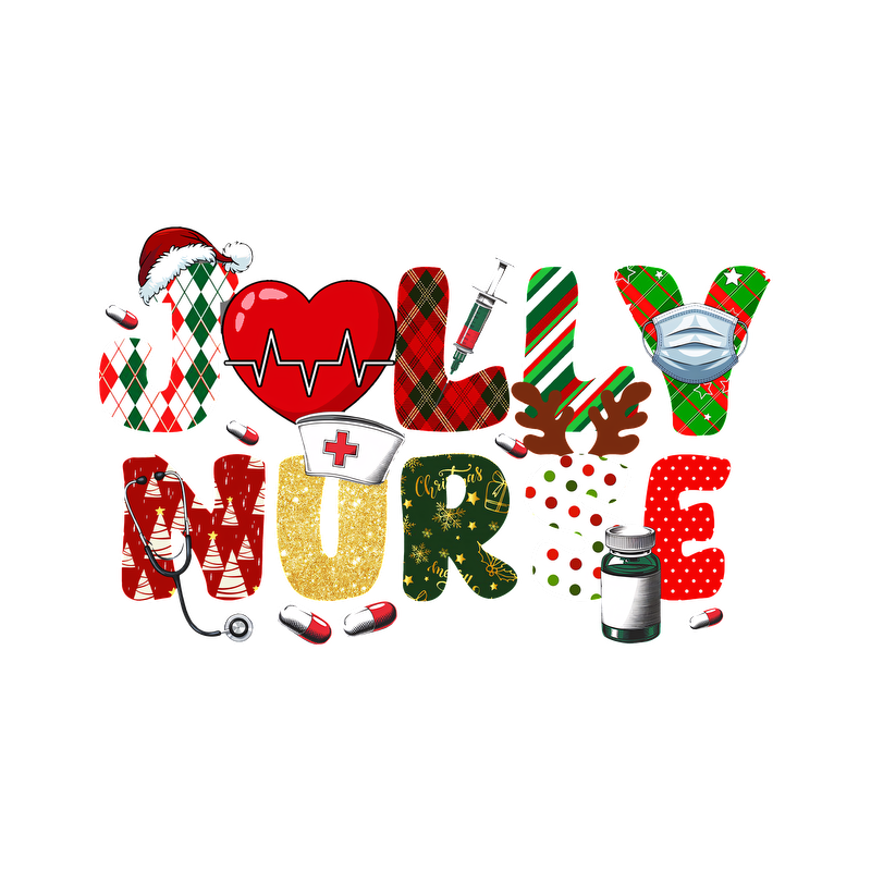 Festive "Jolly Nurse" design featuring vibrant letters adorned with Christmas-themed patterns, medical symbols, and cheerful holiday elements.DTF Transfers