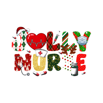 Festive "Jolly Nurse" design featuring vibrant letters adorned with Christmas-themed patterns, medical symbols, and cheerful holiday elements.DTF Transfers