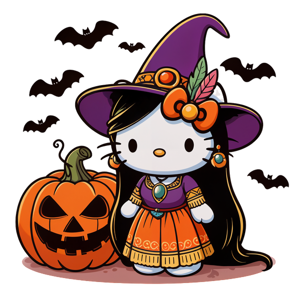 This adorable Halloween-themed character features a witch outfit with a purple hat, alongside a carved jack-o'-lantern.DTF Transfers