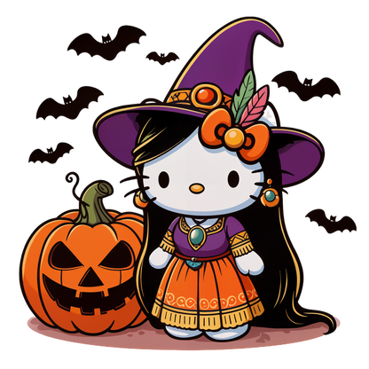 This adorable Halloween-themed character features a witch outfit with a purple hat, alongside a carved jack-o'-lantern.DTF Transfers