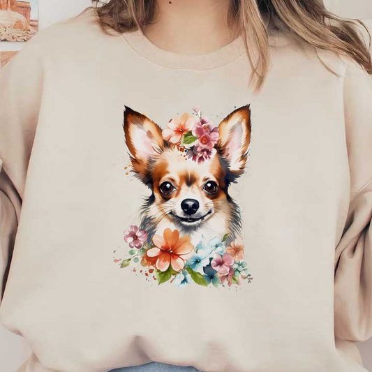 Una encantadora ilustración de acuarela de un chihuahua rodeado de flores vibrantes, que captura su espíritu juguetón y sus adorables características.