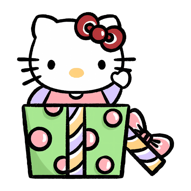 Hello Kitty peeks out from a festive, green gift box, adorned with colorful polka dots and a cute pink bow.DTF Transfers