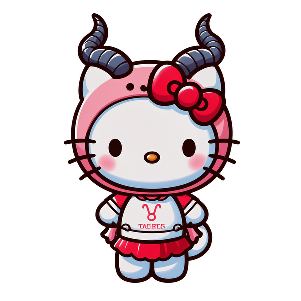 A cute Hello Kitty character dressed in a pink Taurus-themed outfit with horns, complete with a red skirt and bow.DTF Transfers dtf transfers