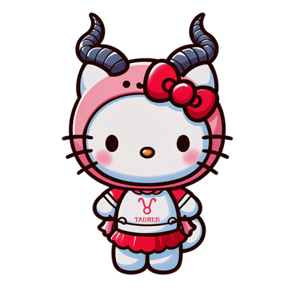 A cute Hello Kitty character dressed in a pink Taurus-themed outfit with horns, complete with a red skirt and bow.DTF Transfers dtf transfers