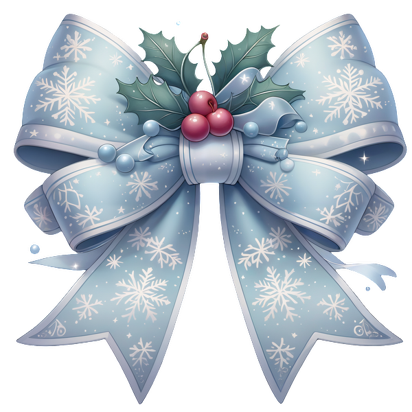 A beautifully designed blue bow adorned with snowflakes, holly, and berries, perfect for holiday decorations. dtf transfers