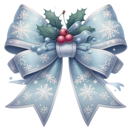 A beautifully designed blue bow adorned with snowflakes, holly, and berries, perfect for holiday decorations. dtf transfers