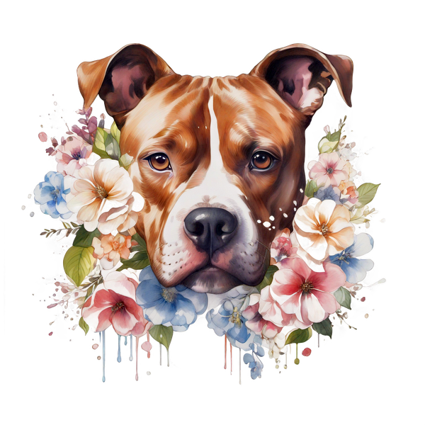 Un retrato bellamente ilustrado de un perro rodeado de flores vibrantes, que captura la expresión gentil y el encanto del perro.