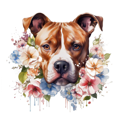 Un retrato bellamente ilustrado de un perro rodeado de flores vibrantes, que captura la expresión gentil y el encanto del perro.