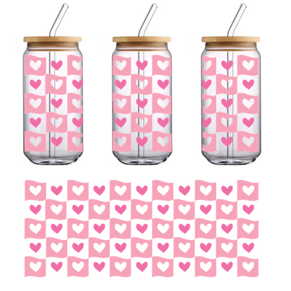 A playful pattern of pink and black hearts on light pink squares, perfect for adding a touch of love to any design!UV Transfers heat press transfers