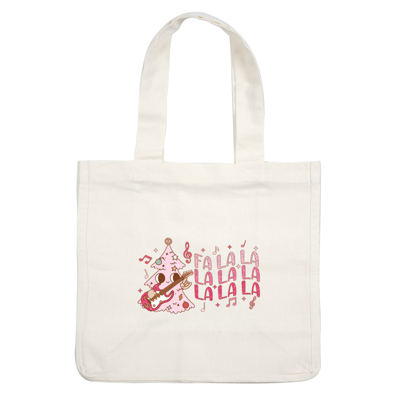 A whimsical pink Christmas tree character joyfully playing guitar, surrounded by musical notes and festive "Fa la la la" text. heat press transfers