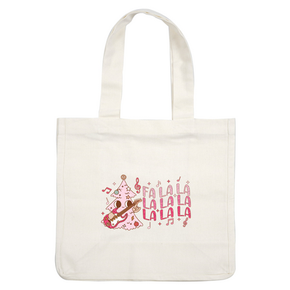 A whimsical pink Christmas tree character joyfully playing guitar, surrounded by musical notes and festive "Fa la la la" text. heat press transfers