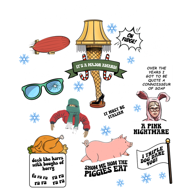 Celebrate the holiday spirit with this fun and whimsical “A Christmas Story” graphic featuring memorable quotes and iconic symbols!DTF Transfersdtf regular iron dtf transfers