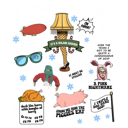 Celebrate the holiday spirit with this fun and whimsical “A Christmas Story” graphic featuring memorable quotes and iconic symbols!DTF Transfersdtf regular iron dtf transfers