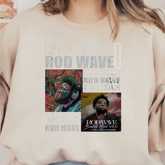 A vibrant promotional poster for Rod Wave's "Beautiful Mind Tour," featuring colorful artwork and bold text featuring his name.DTF Transfers dtf transfers