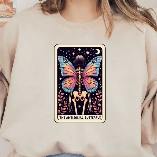 A vibrant art piece featuring a skeleton with butterfly wings, adorned with colorful patterns and surrounded by a starry night sky.dtf regular iron