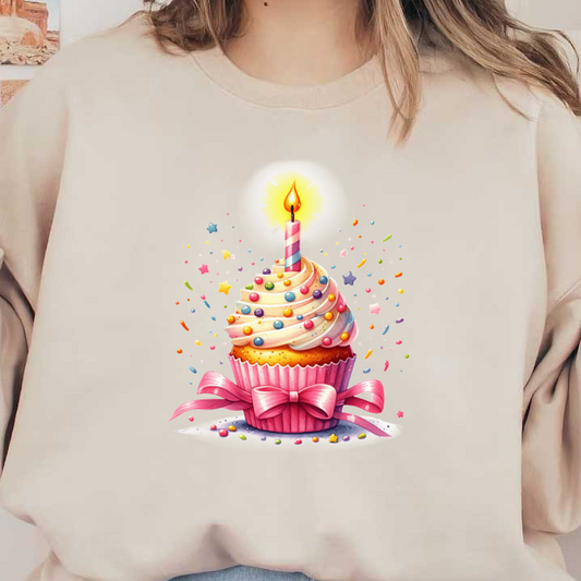 A vibrant birthday cupcake topped with creamy frosting, colorful sprinkles, and a lit candle, adorned with a pink bow.DTF Transfers