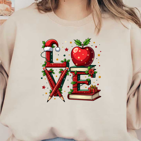 A festive and colorful design featuring the word "LOVE" crafted with pencils, books, and an apple, adorned with holiday decorations.DTF Transfers