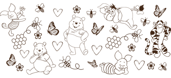 A whimsical illustration featuring beloved woodland animals, including Pooh, Piglet, and Tigger, surrounded by hearts and butterflies.UV Transfersdtf regular iron