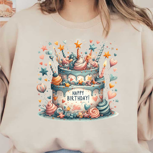 A whimsical two-tier birthday cake adorned with colorful swirls, candles, and festive decorations celebrating a joyful occasion!DTF Transfers