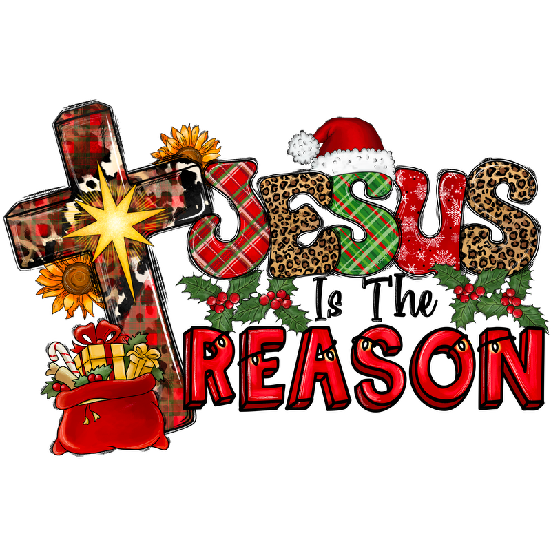 A festive graphic featuring a cross and playful lettering that says "Jesus is the Reason," adorned with Christmas elements.DTF Transfersdtf regular iron