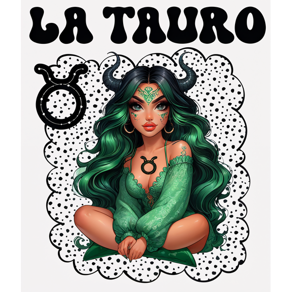 Una ilustración vibrante de una figura misteriosa con cabello y cuernos verdes, vestida con un traje verde fluido, que encarna el zodíaco Tauro.