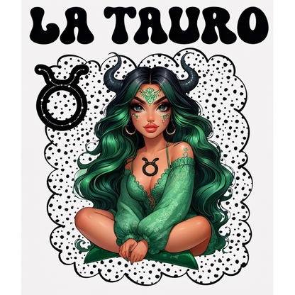 Una ilustración vibrante de una figura misteriosa con cabello y cuernos verdes, vestida con un traje verde fluido, que encarna el zodíaco Tauro.