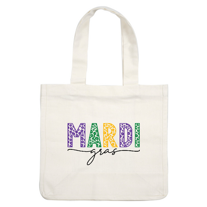 Celebrate Mardi Gras with vibrant, multicolored lettering featuring purple, green, and yellow hues, complemented by a stylish script.DTF Transfers