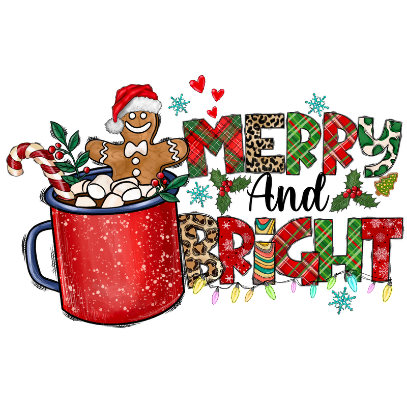 A festive design featuring a red mug with marshmallows and a gingerbread man, decorated with "Merry Bright" in colorful letters.DTF Transfersdtf regular iron