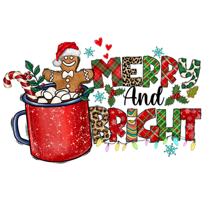 A festive design featuring a red mug with marshmallows and a gingerbread man, decorated with "Merry Bright" in colorful letters.DTF Transfersdtf regular iron