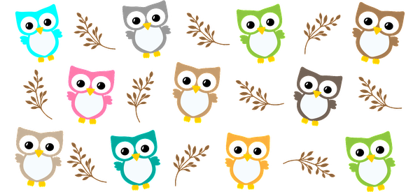 A colorful collage of adorable, cartoon-style owls in various shades, accompanied by stylized autumn leaves.UV Transfers heat press transfers