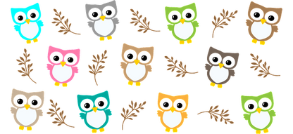 A colorful collage of adorable, cartoon-style owls in various shades, accompanied by stylized autumn leaves.UV Transfers heat press transfers